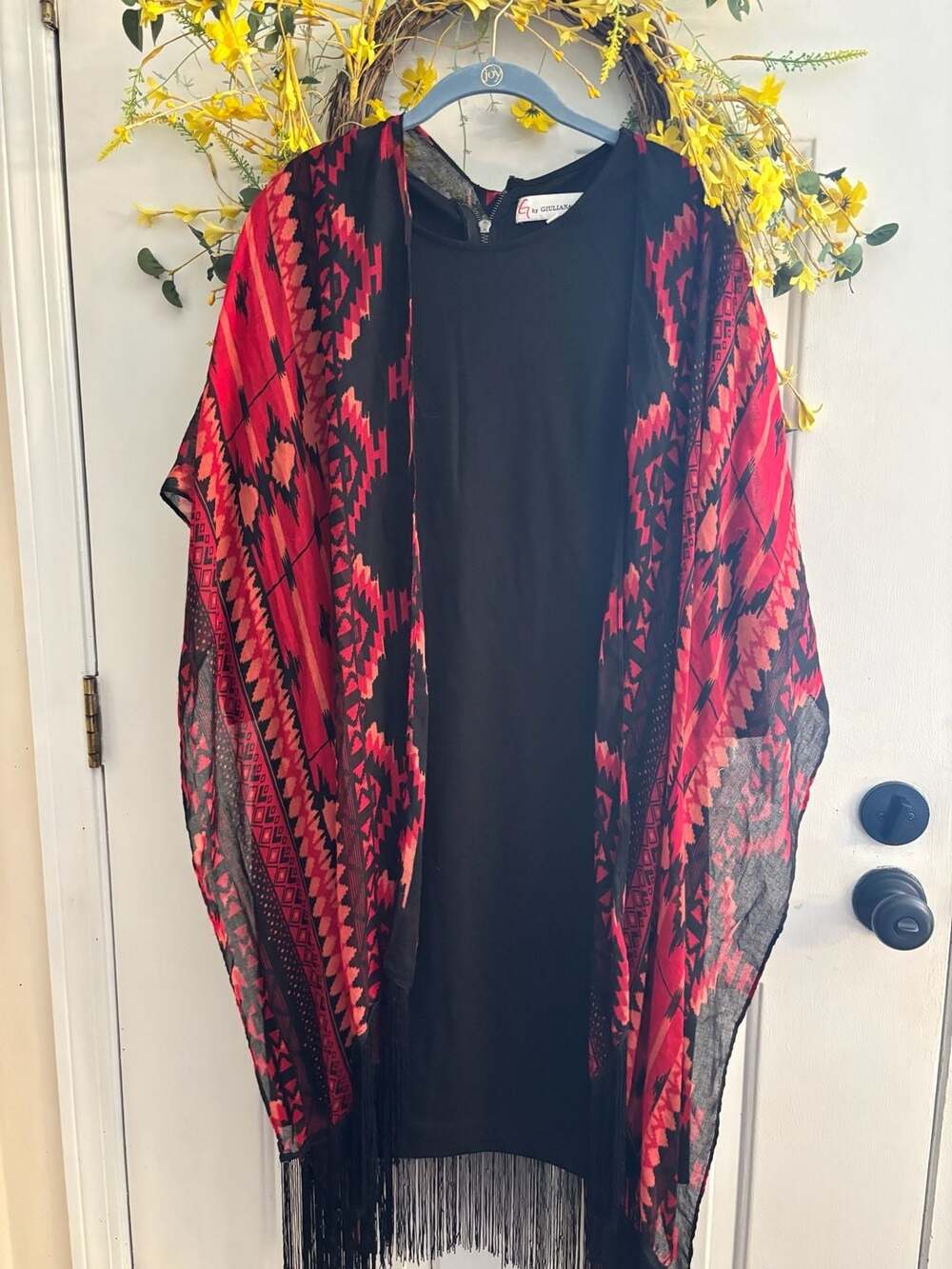 G by Giuliana Rancic Dress Size L Black Geometric Kimono Fringed Ruana